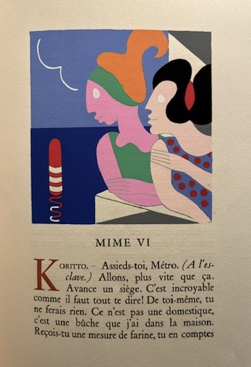 Jacques (traduction de) Dyssord Mimes d'Herondas. Traduits en language populaire par Jacques Dyssord. Avec dix-neuf gouaches par Carlo Rim 1930 Paris Les Editions Denoel et Steele